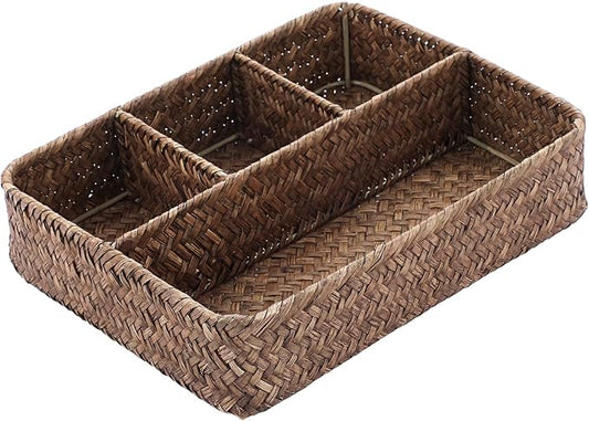 BTSKY Desk Drawer Organizer Tray, Coffee Station Organizer Tea Bag Organizer, Woven Seagrass Storage Basket with 4 Divided Sections Handwoven Wicker Basket for Shelves, Pantry, Coffee Bar (Coffee)