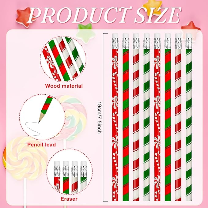 Cinrobiye 100 PCS Christmas Pencils Bulk,Christmas Candy Cane Writing Pencils with Eraser Xmas Stationery Pencil for Holiday School Party Favors Stocking Stuffers Classrooms Student Rewards