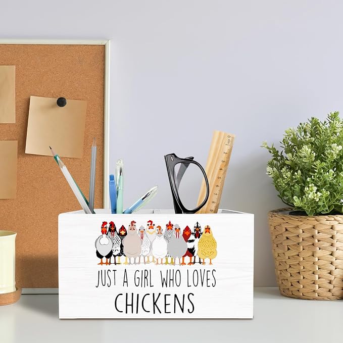 Funny Chicken Pen Holder for Desk, Chicken Lover Mom Lady Gifts Pencil Organizer, Just a Girl Who Loves Chickens Wooden Box Sign Desk Decor for Home Office Decoration