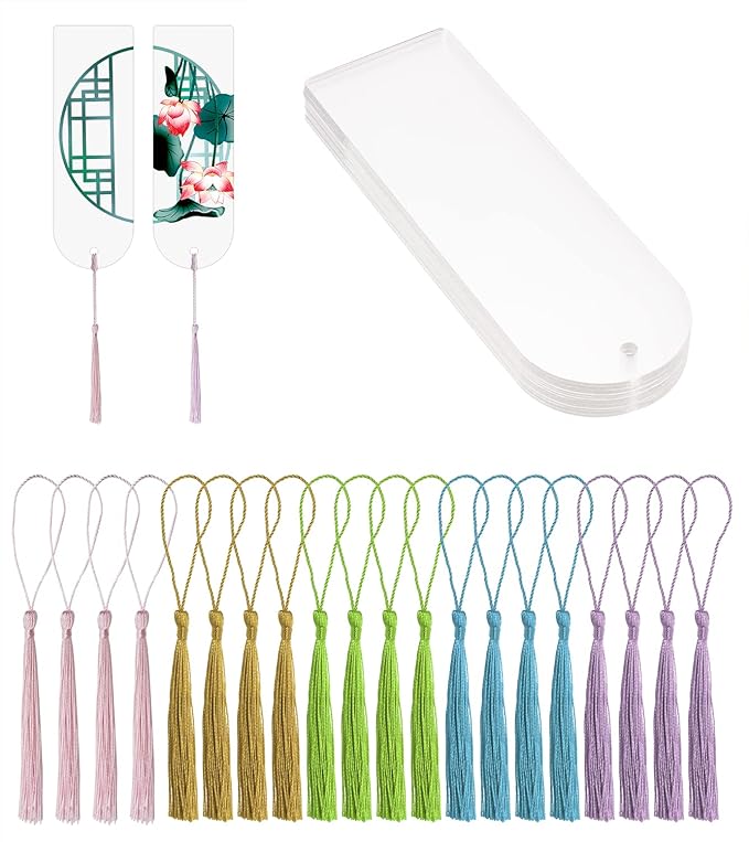 Blank Clear Acrylic Bookmakrs Penta Angel 20Pcs Plastic Craft Transparent Acrylic Bookmakrs with 20Pcs Small Bookmakrs Tassels for DIY Projects and Graduation Gift Tag (Semicircle)