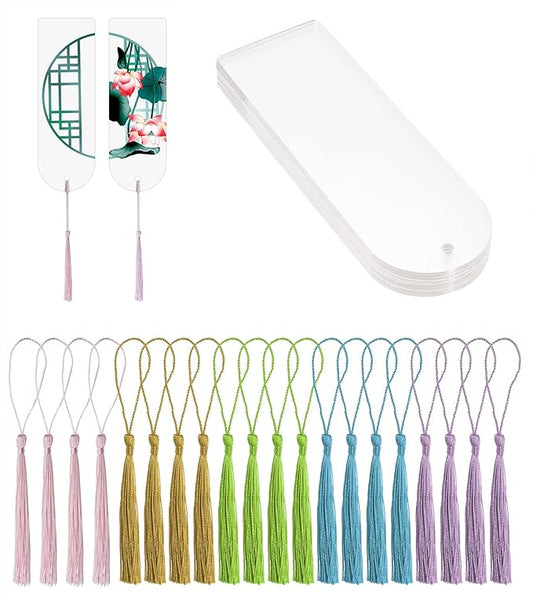 Blank Clear Acrylic Bookmakrs Penta Angel 20Pcs Plastic Craft Transparent Acrylic Bookmakrs with 20Pcs Small Bookmakrs Tassels for DIY Projects and Graduation Gift Tag (Semicircle)
