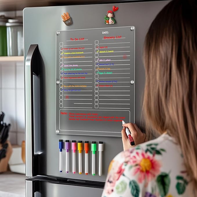 Acrylic Magnetic to Do List Board for Refrigerator, Grocery List Magnet Pad for Fridge with 8 Color Mrakers, Clear Planning Board for Shopping List/Reminders/Events/Meetings-14.5''*11.5''
