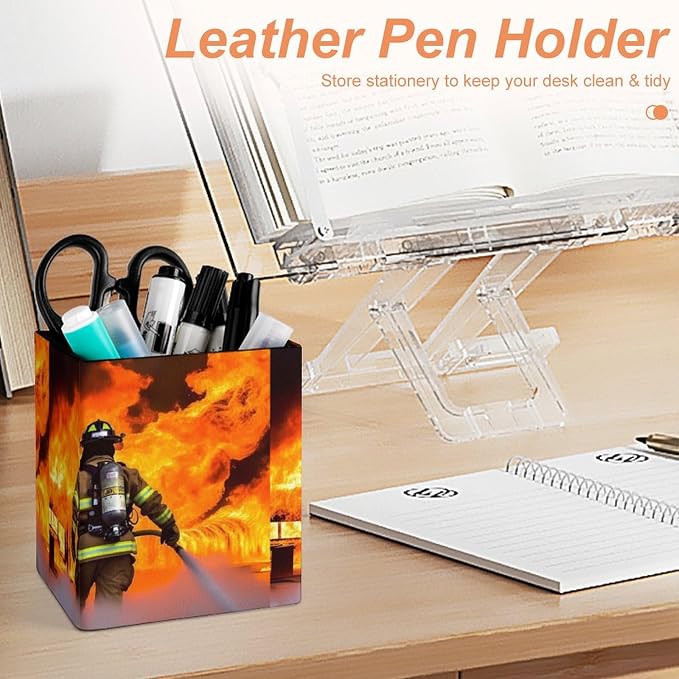 Firefighter Fireman Flame Pencil Holder Waterproof PU Pen Cup Holders Women Makeup Brush Holder Desktop Pen Organizer for Office Desk Accessories
