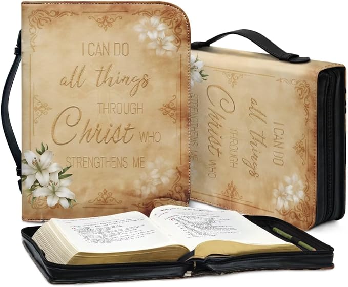 Retro Style Brown Cross Bible Case with Bookmark Waterproof Bible Cover Case for Women Lightweight Bible Bag with Handle Pockets Church Book Bag