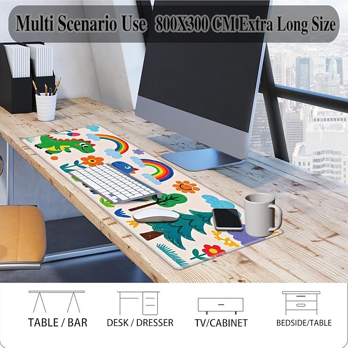 Mouse Pad Gaming Mousepad 31.5x11.8 Inch XXL Large + Coasters,Desk Mat with Stitched Edges, Non-Slip Rubber Base, Thick Mouse Pad for Computer, Laptop, Office & Home - Cartoon Dinosaur
