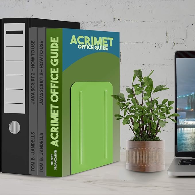 Acrimet Bookends for Shelves, Non-Skid Book Holder, Heavy Duty Book Stopper, Steel Metal Book Ends Storage for Home, Library, 6 7/8" H x 4" W x 4 1/2" D (Green Citrus) (1 Pair / 2 Pieces)