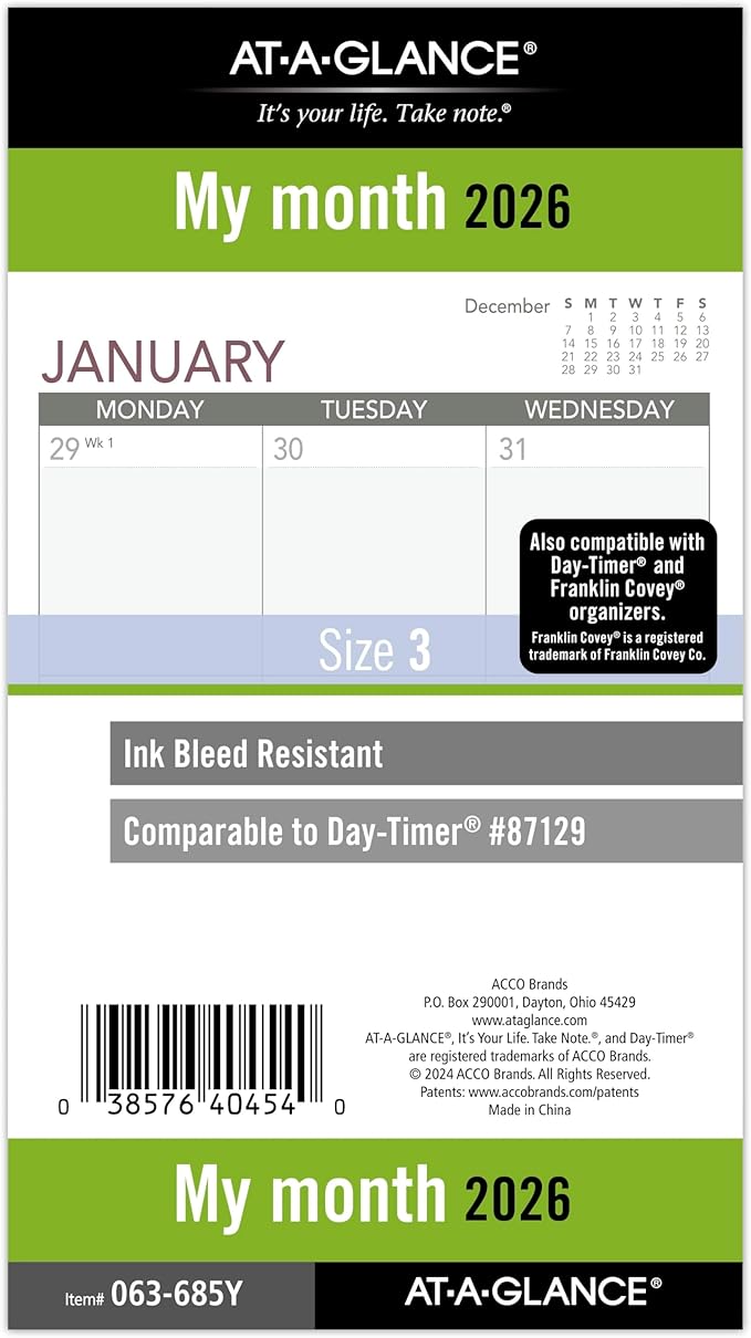 AT-A-GLANCE 2026 Planner Refill, Monthly, 3-3/4" x 6-3/4", Portable Size 3, Loose-Leaf (063-685Y-26)