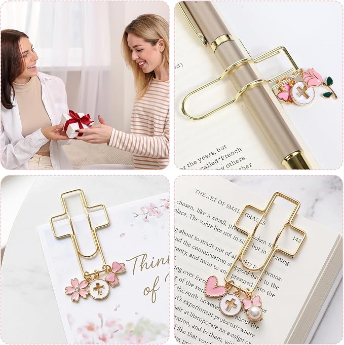 Wxiben Cross Paper Clip Bookmark - 3 Pcs Flower Bow Metal Paperclip Pen Holder Book Mark with Charms Page Marker Planner Decorative Paper Clips Gifts for Women Reading Book Lover School Accessories