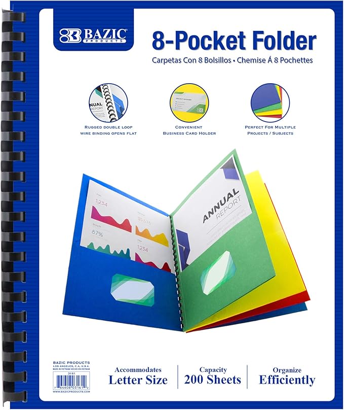 BAZIC Products 8 Pocket Folder Portfolio, Double Loop Wire Binding, Letter Size Paper Organizer for Office, School, Business, Presentations, Projects & Document Storage, 12-Pack