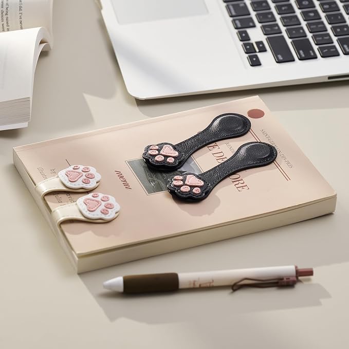 2Pcs Magnetic Leather Bookmarks with Gift Box Magnetic Pen Holder Book Marks Clip Gift for Book Lover Readers Men Women Teachers Students, Paw (Black+Black)