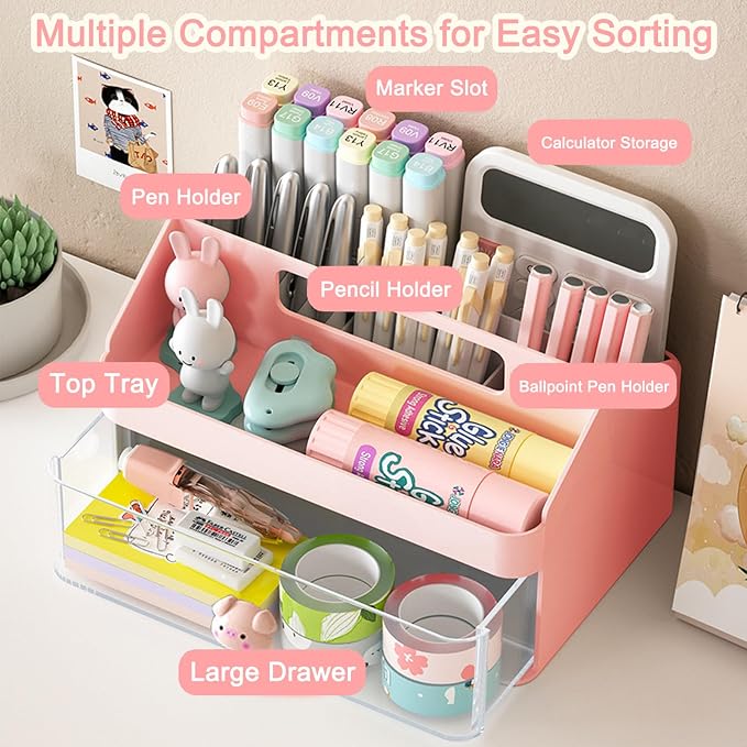 SAYEEC Desk Organizer with Drawer, Multi-Functional Pencil Pen Holder with Handle and 6 Compartments, Cute Makeup Organizer Storage Box, Desktop Accessories Caddy for Office School Home Art Supplies