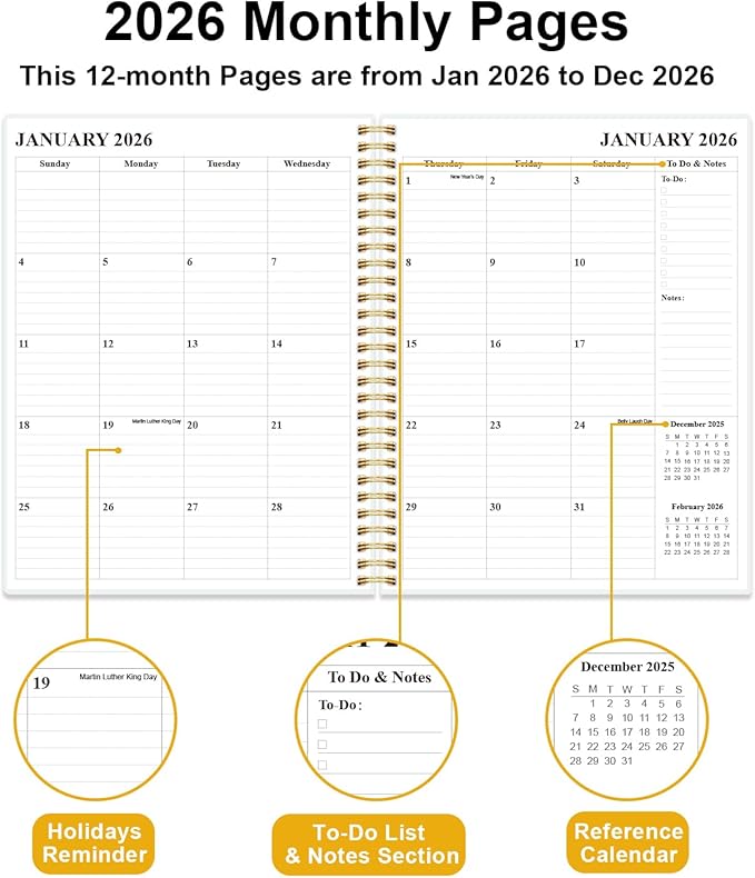 Monthly Planner 2026 - Monthly Calendar from January 2026 to December 2026, 2026 Planner with Inner Pocket, Elastic Band, 8.5" x 11", White Gold Flower