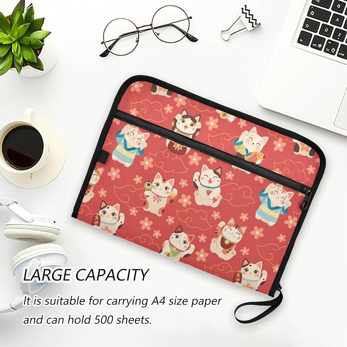 13 Pockets Expanding File Folder Japanese Maneki Cats Red with Sticky Labels Accordion File Folder Document Organizer Letter Size A4 Papers Expandable File Keeper