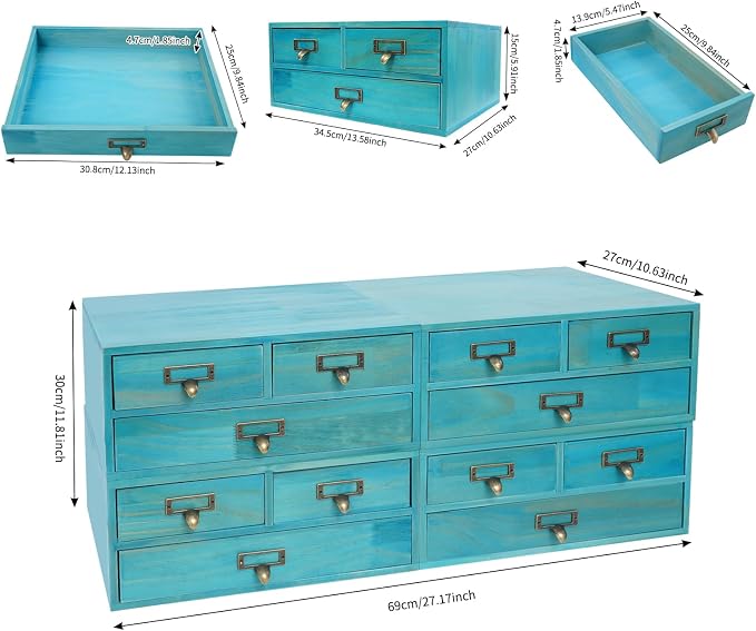 4 Pcs Vintage Wood Desktop Organizer, 4x3 Drawer Apothecary Cabinet with Metal Handles, Stackable Storage for Office Home School, Makeup Jewelry Tea Stationery Herbs