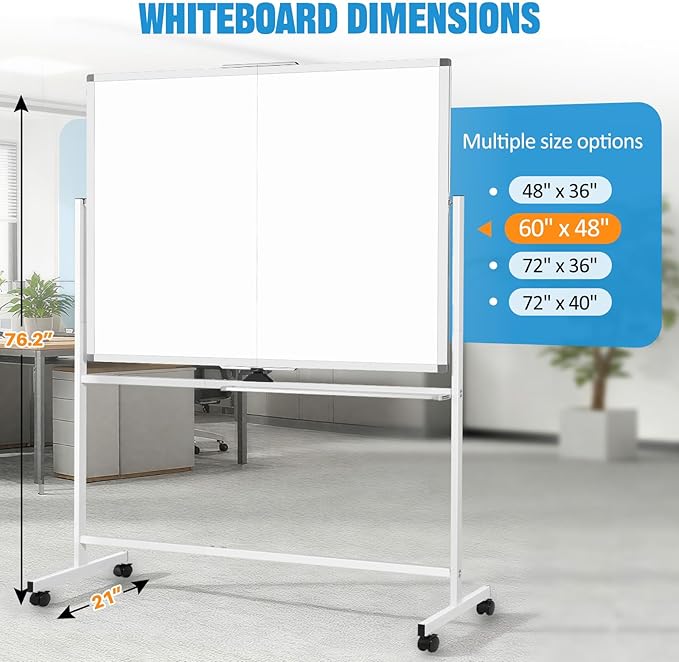 Large Rolling Whiteboard with Stand, 60" x 48" Double-Sided Mobile White Board Dry Erase, Giant Magnetic Dry Erase Board on Wheels for Office, Home & School