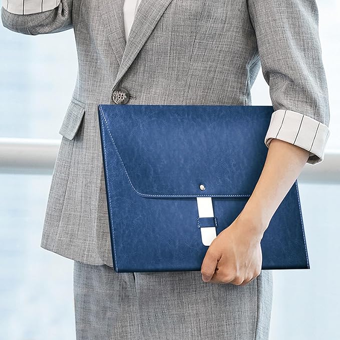 PU Leather A4 File Folder Large Document Holder Waterproof Envelope Folder Case with Handmade Closure (Blue)