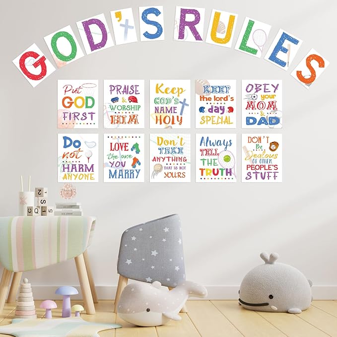 20 Pieces Ten Commandments Poster for Kids Christian Bible Verse Poster Inspirational Religious Scripture Wall Poster for Classroom Church Sunday School Christian Scripture Home Decor (Ball Base)