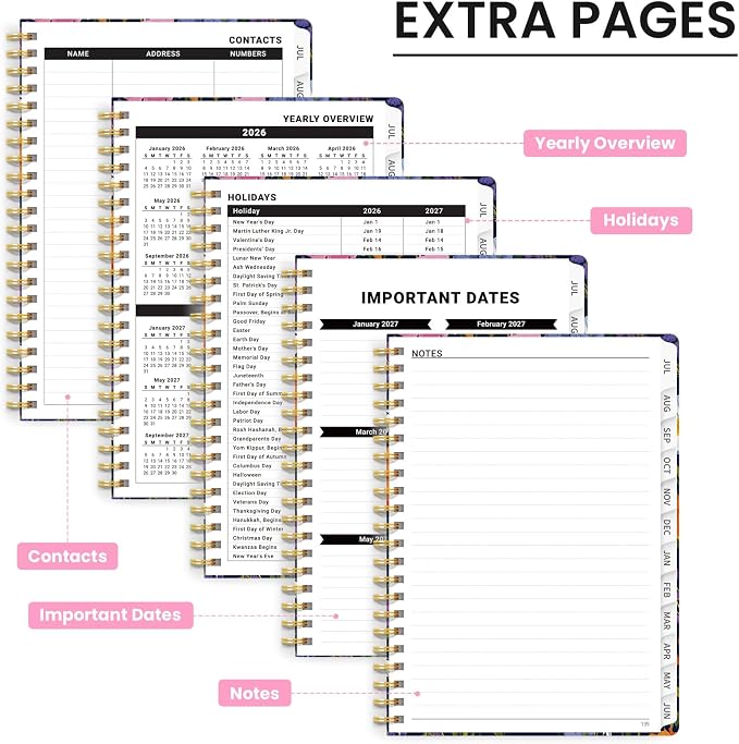 Planner 2026-2027, Monthly and Weekly Calendar Academic Planner July 2026 - June 2027, Hardcover Student Teacher Planning Agenda Book with Tabs, Perfect for Office School Supplies, A5 (6.3" x 8.5") - Gentle Bloom