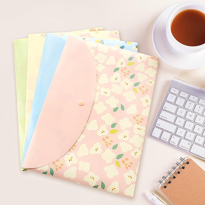 10 pcs Style Floral Printed A4 Paper Document File Folder Poly Envelopes Document Organizer Booklet File Paper Folders with Snap Button 4 Color (4 Color, A4)