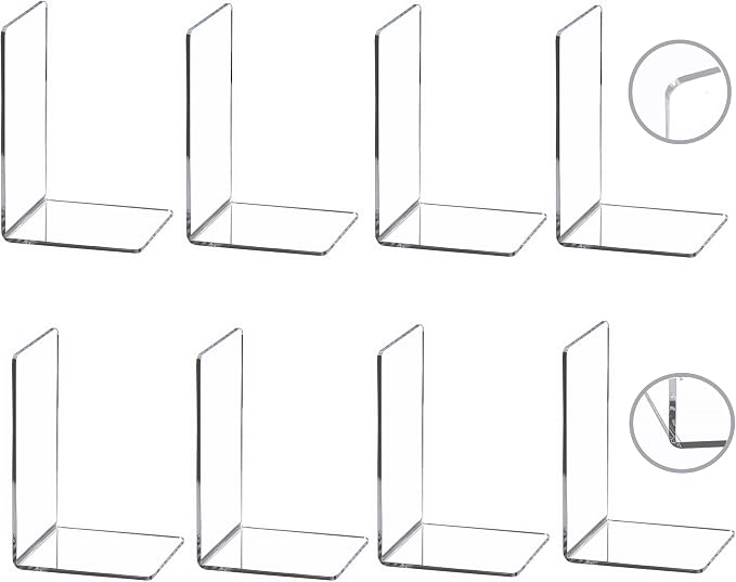 CY craft 8 Pieces/4 Pairs Bookends,Clear Acrylic Bookends for Shelves,Heavy Duty Book Ends and Desktop Organizer,Book Stopper for Books/Movies/CDs,7.3x4.8x4.8 inch