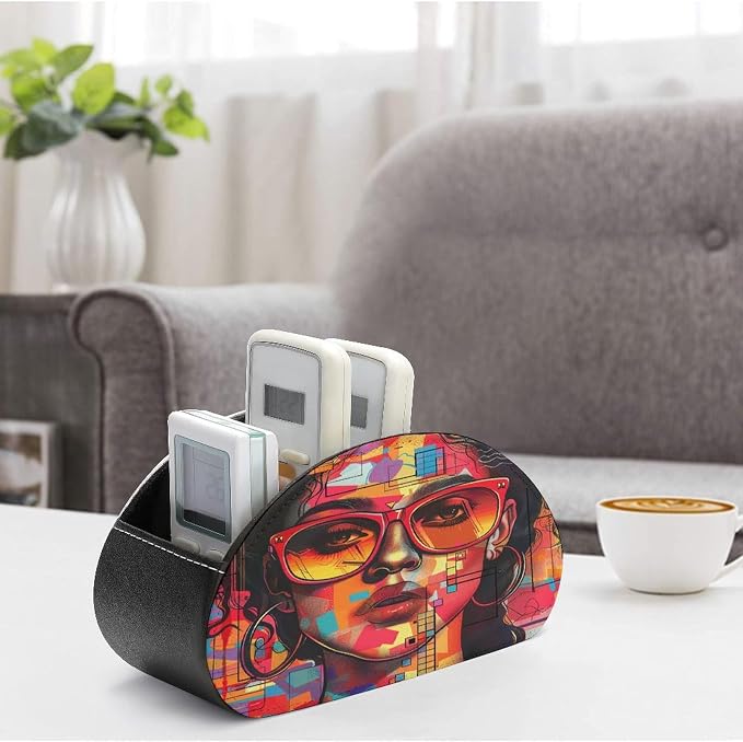 Remote Control Holder,Girl Wearing Sunglasses Printed PU Leather Remote Caddy Desktop Organizer with 5 Compartments for Media Accessories & Office Supplies Storage