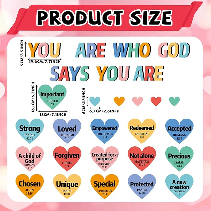 Qyeahkj Christian Bulletin Board Decorations God Says You are Religious Classroom Decor Motivational Heart Paper Cutouts Inspirational Bulletin Board Sets for Sunday School Church Supplies