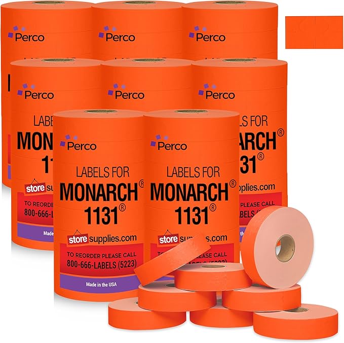 Perco Fluorescent Red Pricing Labels for Monarch 1131 Price Gun – 8 Sleeves, 64 Rolls Value Pack - 160,000 Price Marking Labels – with Ink Rolls Included