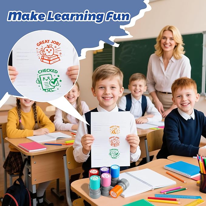Teacher Stamps for Classroom, Teacher Appreciation Gifts, Self Inking Grading Stamps Set, Reward Stamps with Unicorn, Rainbow, Bee, Star, Classroom Essentials for Elementary School & Homeschool (6Pcs)