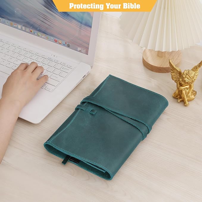 Jack&Chris Leather Bible Cover, Leather Book Cover for Men and Women, Bible Holder Strap Bible Cover Gifts, Blue Medium