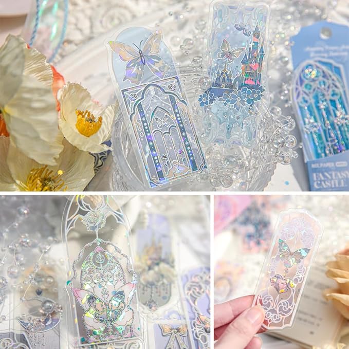 40Pcs Holographic Silver Foil Bookmarks, 4 Packs Fairytale Castle Window Glittery Transparent PVC Bookmark, Shimmery Small Book Mark for Book Lover Reader Writer Teacher Students
