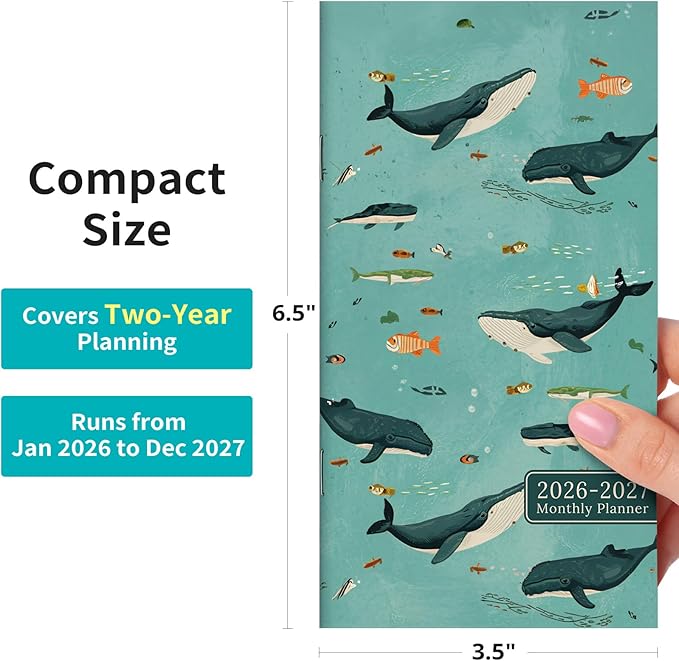 Pocket Calendar 2026-2027 for Purse, Two Year Monthly Planner Pocket Size 6.5" x 3.5", Jan 2026 - Dec 2027 Monthly Planner Small Calendar for School, Work and Home - Depths Whale