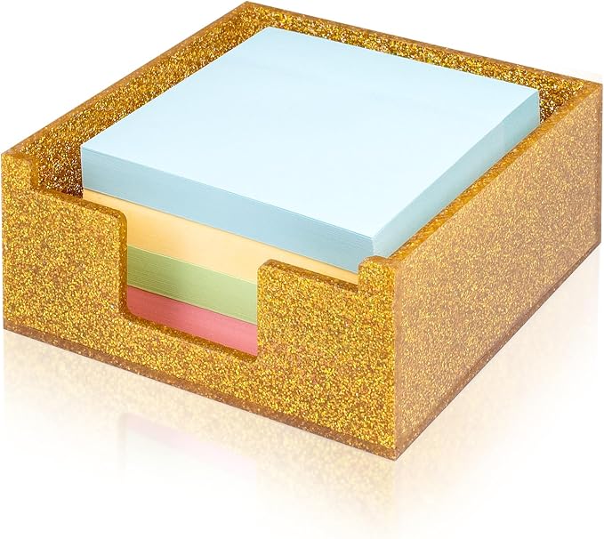 Gold Sparkling Sticky Note Holder, Glitter Acrylic Organizer, 3.94 x 3.94 in Multi-Use Tray for Office, School & Home Desk