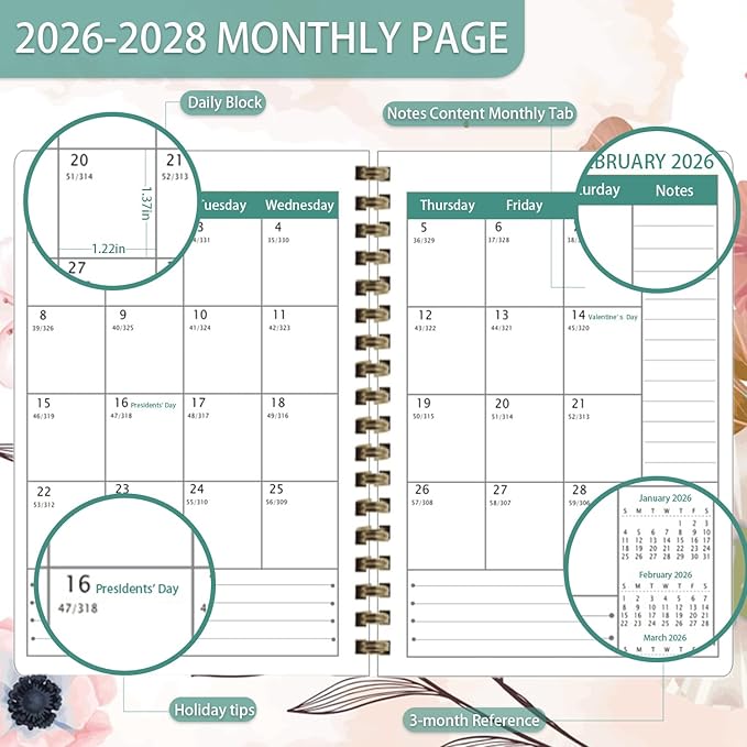 2026-2028 Planner, Three-Year Planner, Daily Plan and Monthly Plan Book, Bound with Iron Circle, A5 (8.26 "x 5.9") (Pink)