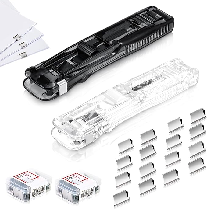 Portable Binder Clip Stapler with 100PCS Reusable Push Clips, Handheld Paper Clam Dispenser, Non-Destructive Desktop Stapler Alternative for Office School Home, Document Binding (2pcs-A)