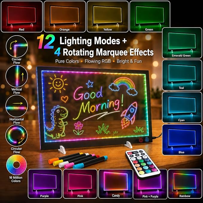 LED Note Board with12+4 Color Light Modes,14.2"x11" Led Drawing Board, for Home/Office/DParty& Gifts, Acrylic Magnetic Whiteboard LED Doodle Board Colors