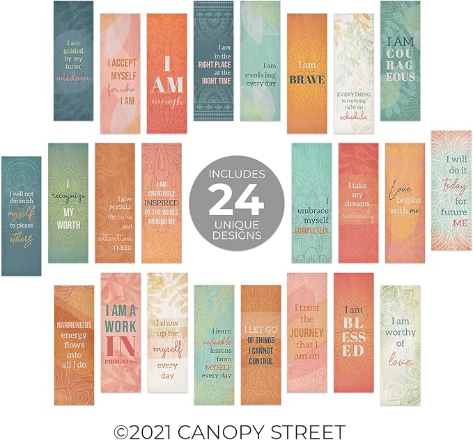 Motivational Bookmarks / 24 Uplifting Quotemarks Bulk Pack / 2" x 6" Paper Bookmark Set / 24 Inspirational Designs/Teen Girl Teacher Classroom Present/Made in The USA