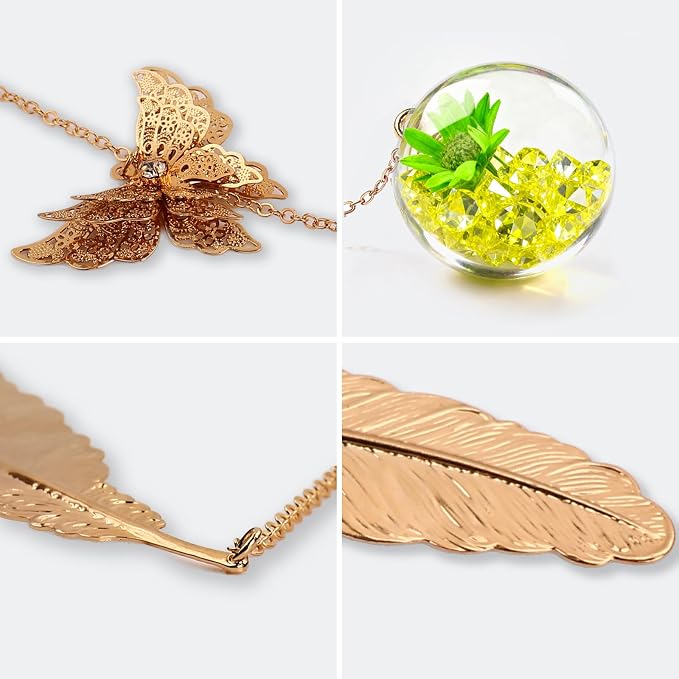 Teacher Retirement Gifts - Metal Feather Bookmark with 3D Butterfly & Real Dried Flower Pendant - Bookmark for Women & Book Lovers Under 10 Dollars - Gift Box Included
