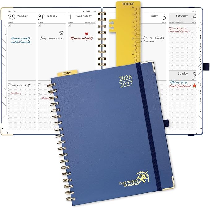 POPRUN 2026-2027 Academic Year Weekly and Monthly Planner Calendar,Jul 2026 - Jun 2027，10" x 8"， Daily Agenda Book & Appointment Book with Hourly Schedule, Tabs, Hardcover, School and Office Supplies - Navy Blue