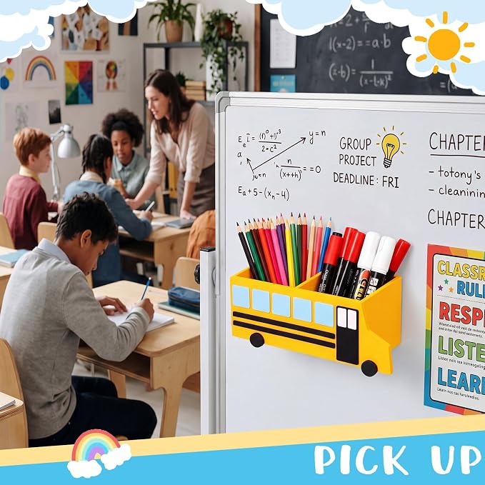 ReliThick Teacher Magnetic Pen Holder Magnetic School Bus Desk Organizer, Teacher Appreciation Gifts, Dry Erase Marker Holder with 4 Strong Magnets, Classroom Decor & Storage Bin
