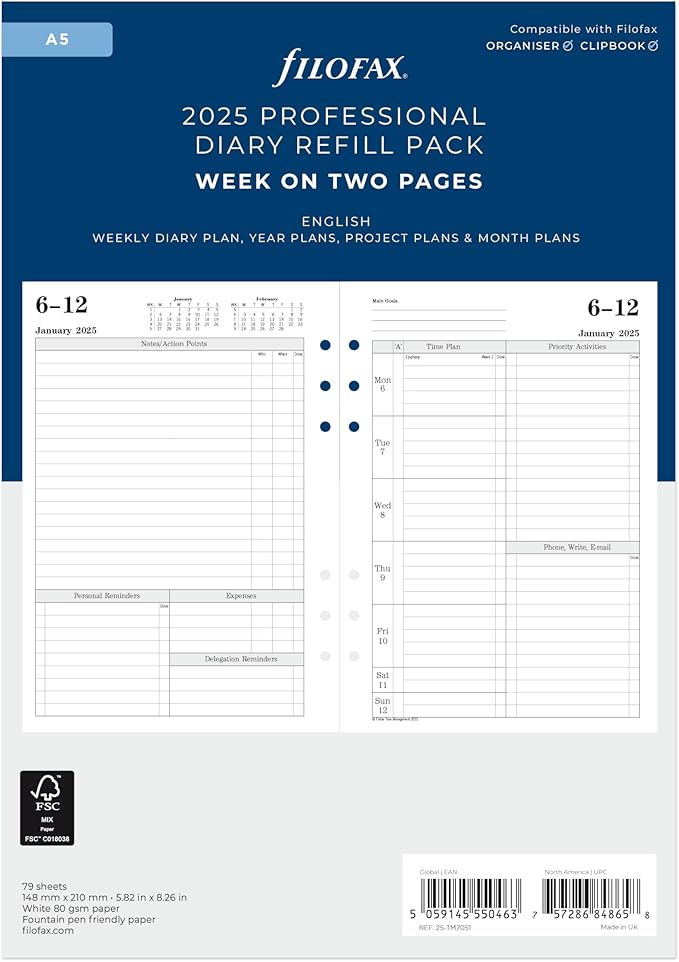 Filofax Calendar Diary Refill, A5 Size, Week-to-View with Appointments, Time Management, White Paper, Ruled, English, 2025 (CTM7051-25)