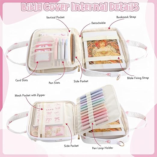 Capoda Bible Cover Case for Women, Bible Tote Bibles Study Supplies with Notebook Highlighters Ballpoint Pen Sticky Notes Scripture Card for Christian Christmas Women Gifts Mom Girls(Bow,Pink)