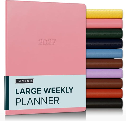 Harbor Large Weekly Monthly Planner 2027, Calendar Planner & Notebook - Durable Faux Leather, 192 Pages, Softcover & Book Bound - Cambridge Lavender - Cambridge Flamingo - 9.75x7.5"