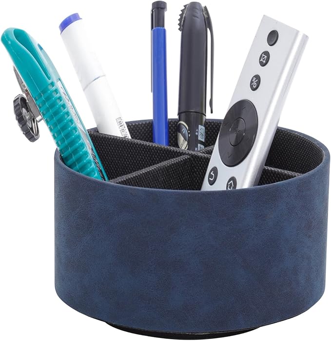 Remote Control Holder For Table, 360 Degree Spinning Desk Organizer For Bedside Night Stand, TV Remote Caddy with 4 Compartments, Office Rotating Pen Holder Blue PH122