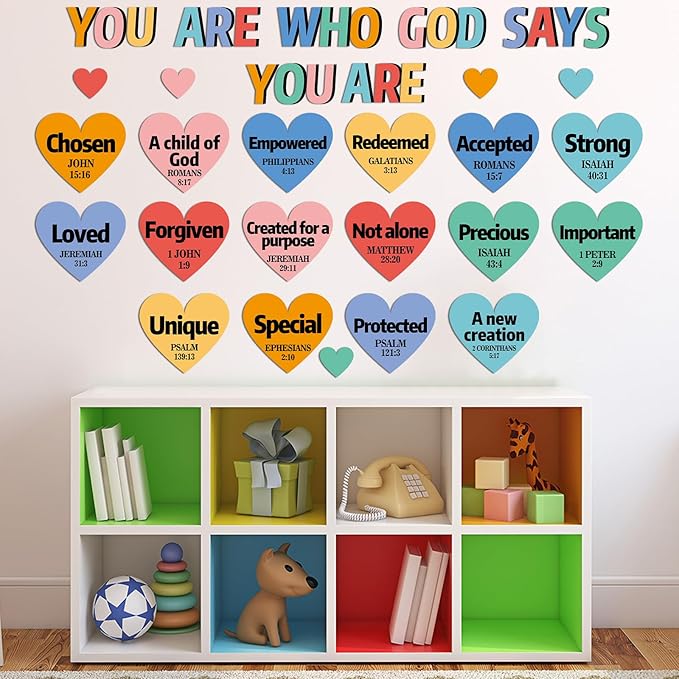Qyeahkj Christian Bulletin Board Decorations God Says You are Religious Classroom Decor Motivational Heart Paper Cutouts Inspirational Bulletin Board Sets for Sunday School Church Supplies