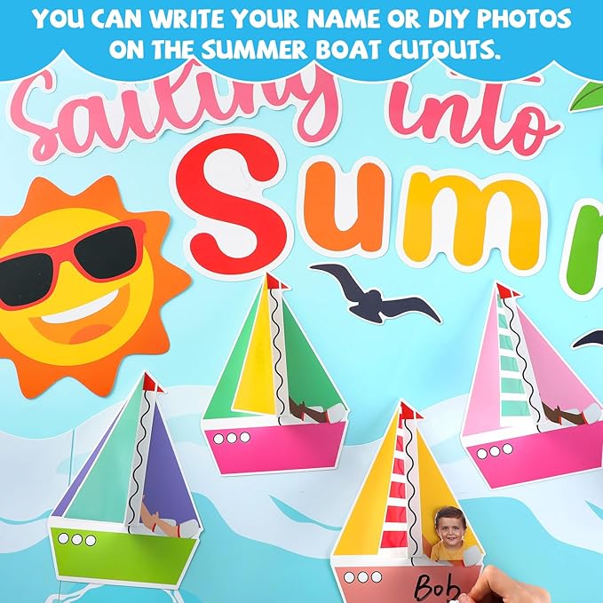 gisgfim 3D Sailing into Summer Classroom Bulletin Board Decorations Set Hawaii Beach Paper Cutouts Sailboats Bulletin Board Decor for Tropical Hawaiian Back to School Nursery Door Chalkboard Wall