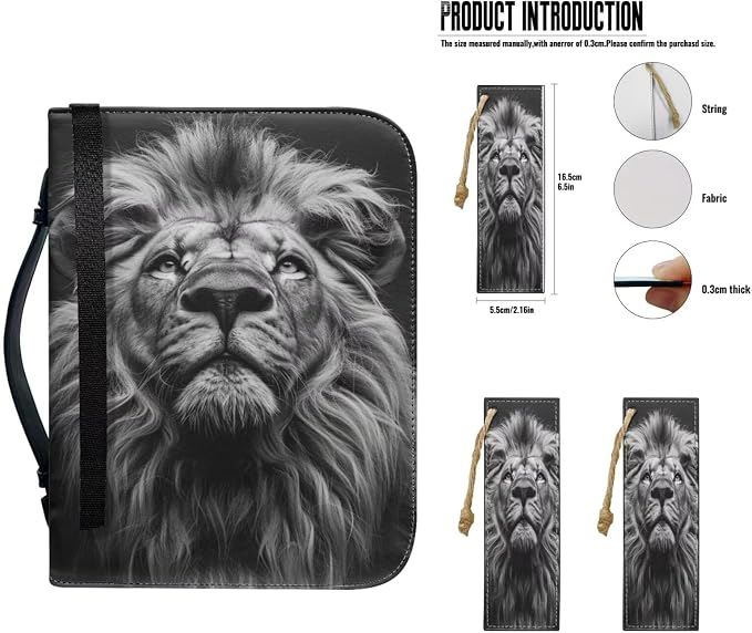 Lotusorchid Lion Print Bible Tote Bags for Women Bible Case with Matched Book Marks for Men, PU Leather Bible Cover Bible Bags Christian Bible Study Accessories, Black