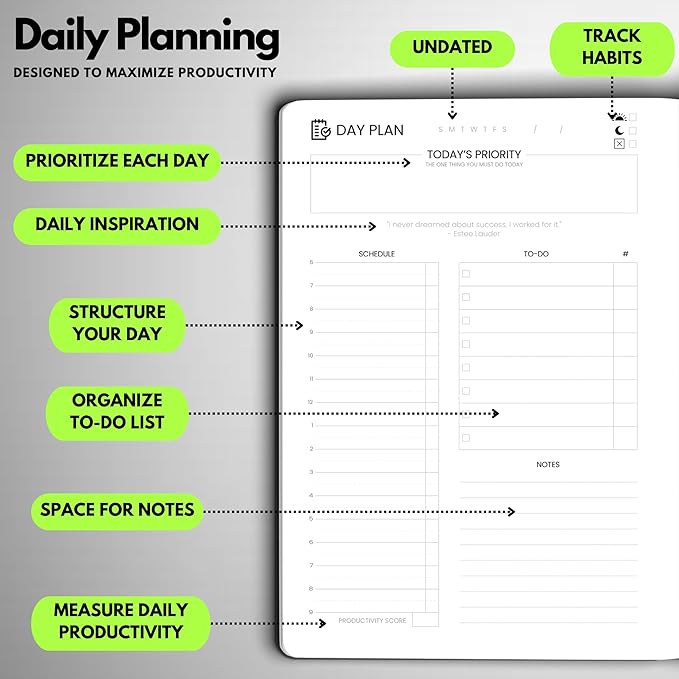 Wyze Planner Undated Daily Planner – 6-Month A5 Productivity Organizer with Full Page Per Day, Hourly Schedule, Goal Setting, Habit Tracker, Weekly & Monthly Pages – Hardcover Time Management Notebook (Lime Green)