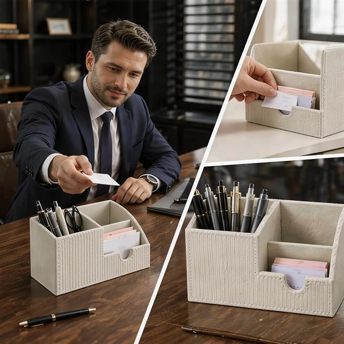 Desk Organizer Pen Holder, Aesthetic Striped White Small Organizer, Multi Slot Pencil Holder For Desk Office Desktop Stationery & Remote control Storage