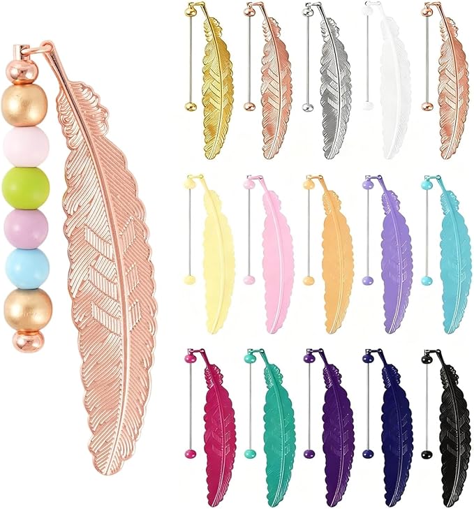 15 Pcs Beadable Bookmarks DIY Feather Metal Bookmark Bars for Beads and Charms, Blank Pendant Bookmarks for Teachers Students, Book Lovers Craft Supplies