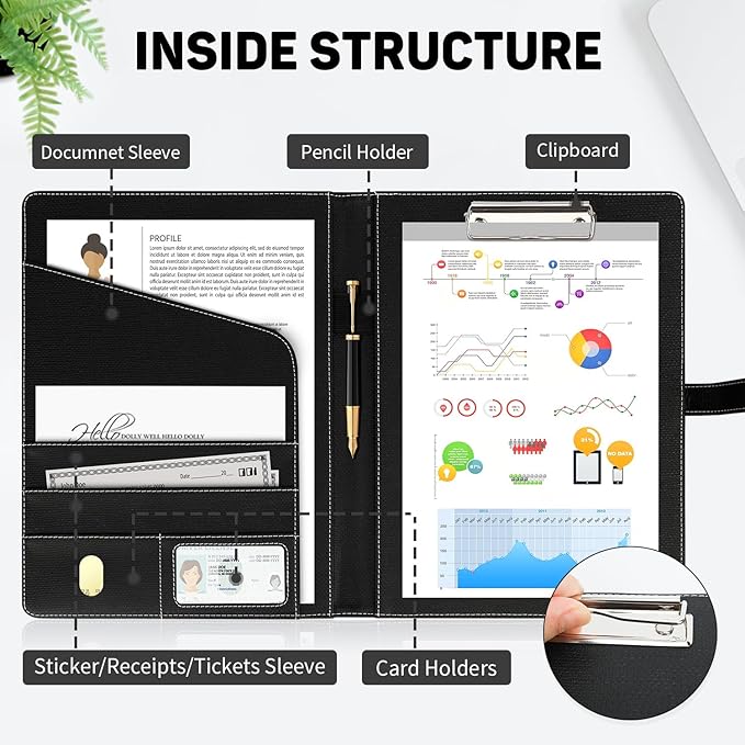 Toplive Executive Resume Padfolio Folder Business Portfolio Interview Presentation Legal Writing Pad Organizer with Card Holder Document Sleeve for Men Women, Black